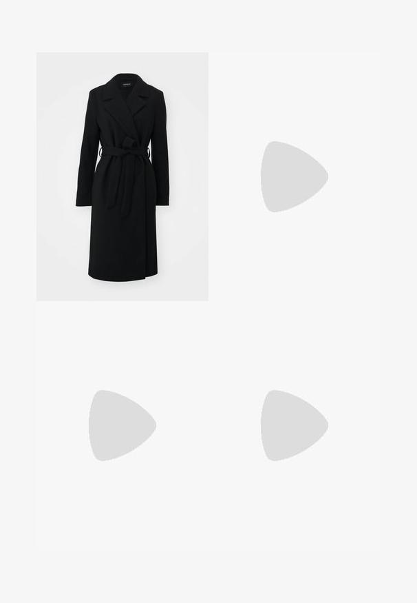 Black wrap coat featuring a notched collar, long sleeves, belt at the waist, and a straight cut, made from a soft, textured fabric.; Three long-sleeve tops stacked: black, grey, and white. Each has a round neckline and a cropped design with smooth, lightweight fabric.; Black flared pants made from stretchy fabric, featuring a high waistband and flared cuffs with side slits for additional movement.; Gray suede sneakers with white laces, black stripes, and a white rubber sole. Features a circular logo on the tongue and a gum sole.