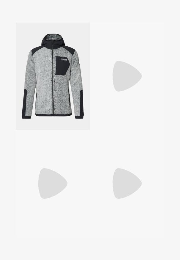 Columbia ARCTIC CREST™ SHERPA FULL ZIP - Flisinė striukė - white, black; Balta medvilninė marškinėliai su apvaliu kaklu, trumpomis rankovėmis ir kairėje krūtinės pusėje esančia kišenėle, kurią puošia mėlynas ir juodas Patagonia logotipas.; Juodos vandeniui atsparios kelnės su lygia tekstūra, turinčios du priekiniai mygtukai ir siaurėjančio kirpimo dizainas. Akcentuota logotipu šone.; Žalios Hoka bėgimo sportbačiai su Gore-Tex viršutine dalimi, tekstūriniais akcentais, elastingomis raištelėmis ir storu smėlio spalvos padu su Vibram logotipu.