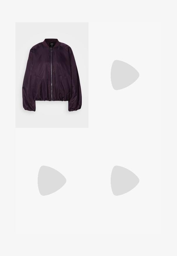 Purple bomber jacket with a smooth, shiny texture. Features a front zipper, ribbed collar, and side pockets. Relaxed fit, gathered cuffs.; Two black long-sleeve shirts with a V-neck design, made of soft, stretchy fabric, showing smooth texture and a fitted shape.; Black cotton blend trousers with a straight-leg design, front button closure, and two side pockets. Smooth texture, no visible patterns.; Black leather loafers with a rounded toe, stitched detailing, and a small heel. Smooth texture and a flexible rubber sole.