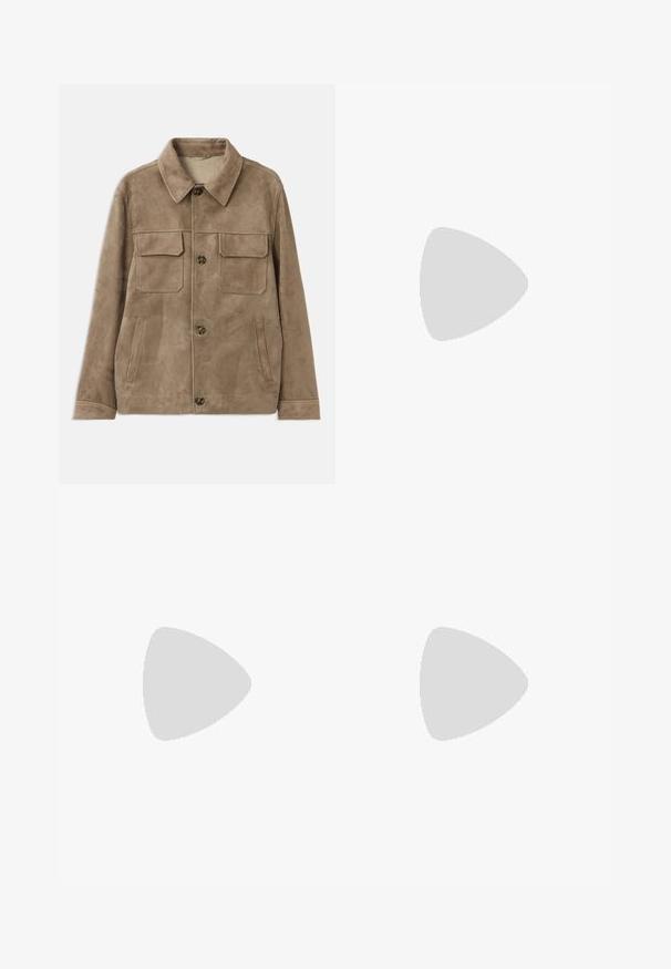 Pruun siidine jakker, millel on kraega kaelus, kaks ettepoole suunatud rinna taskut ja kaks küljetaskut. Omab nupuværve ja sileda tekstuuri.; Lühikeste varrukatega, ümar kaelusega t-särk tumelillas, pehmest puuvillast. Esifaasil on minimaalne bränding samas värvitoonis.; Soeebabakad heledas beežis, millel on lõtv sobivus, elastne vöökoht reguleeritava nööriga ja küljetaskud mugavuseks.; Valged tennisjalanõud, millel on sametised aktsendid, ümar varvas, lame nöörid ja kreemjas kummine põhja. Hästi nähtav roheline bränding kannal.