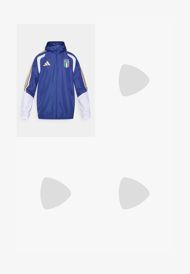 Navy windbreaker jacket with gold and white accents, features an adjustable hood, front zipper, and Italy national team emblem.; White athletic shirt made of lightweight mesh, featuring blue accents on the sleeves and red triangular designs on the sides. Adidas logo displayed.; Black athletic pants with an elastic waistband, tapered legs, and white side accents. Made of synthetic material with a smooth texture.; Black athletic shoe with white stripes, mesh upper, rounded toe, and cushioned sole. Features a textured heel and secure lacing system.