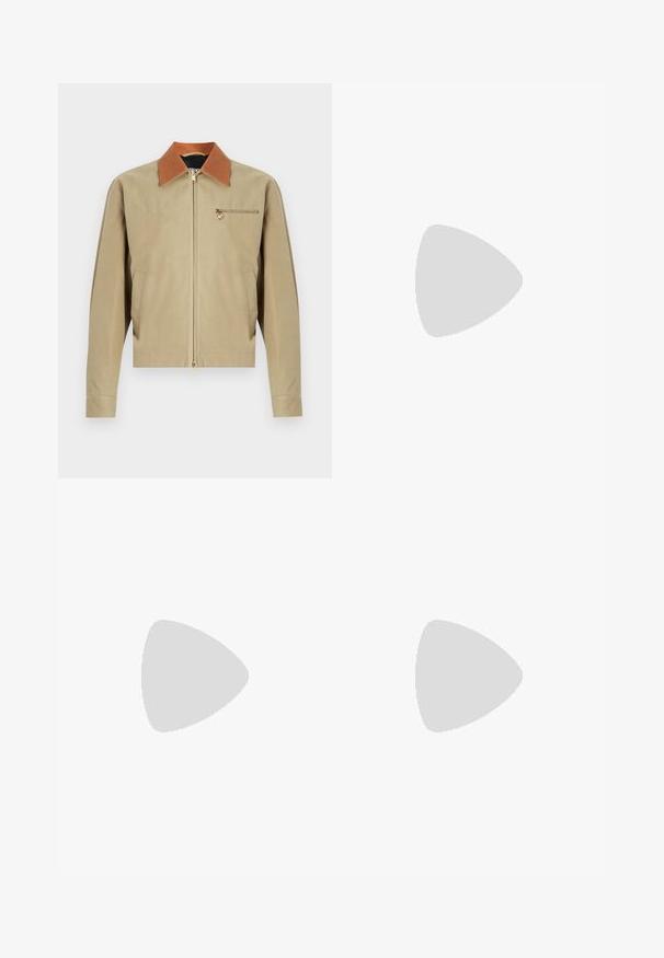 Beige zip-up jacket with brown collar, long sleeves, two side pockets, and a small zip pocket with gold medallion charm on the chest.; White cotton t-shirt with short sleeves, rounded neckline, relaxed fit, and no visible logos or patterns. Smooth texture and minimal design.; Loose-fit dark blue denim jeans with a high waist, front pockets, and straight leg design. Includes silver-tone hardware and minimal stitching.; Beige suede shoe with a lace-up design, stitched detailing, and a rubber sole. The shape is casual with a slight wedge heel.