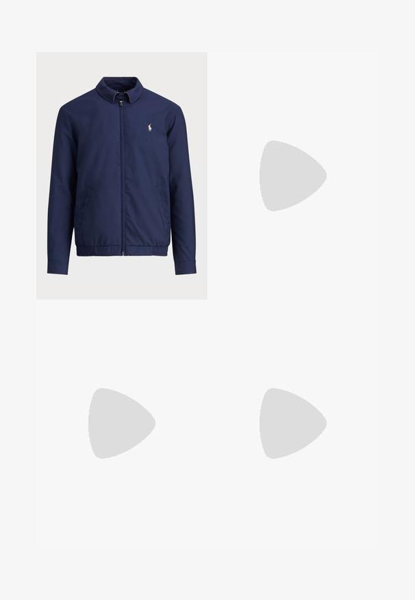 Navy blue jacket with a zip front, collar, elasticized hem and cuffs, and side pockets; features a small embroidered logo on the chest.; Navy and white striped T-shirt made of cotton, featuring a crew neckline and a small red logo on the left chest. Short sleeves.; White cotton trousers with a straight leg design, visible stains, and a button closure. Features front pockets and a waistband label.; BOSS BALTIMORE - Trainers - open blue