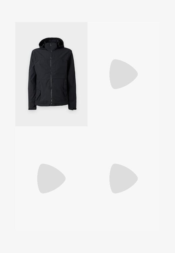 Black lightweight jacket with a hood, zip closure, two front pockets, and textured fabric. Features a straight cut and minimalistic design.; Long-sleeved white cotton shirt with a round neckline, side slits at the bottom, and a smooth texture, displayed from the back.; Light blue denim jeans with a straight-leg design, five pockets, button closure, minimal fading, and contrasting stitching details.; White sneaker with a smooth leather upper and a low profile. Features a rounded toe, six eyelets, and a textured rubber sole.