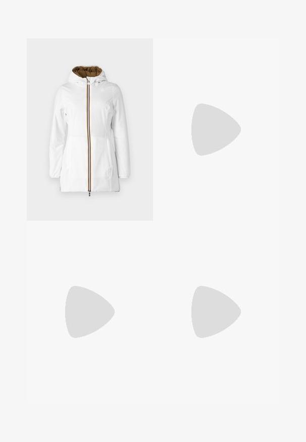 K-Way DENISE WARM DOUBLE - Parka - white/brown; White cotton t-shirt with short sleeves and a round neckline. Features a small black "ck" logo on the left chest. Smooth texture.; Wide-leg white jeans made from cotton blend fabric. Features a zipper fly, five-pocket design, and stitching along the seams.; Black leather sneaker with a smooth texture, white rubber sole, gold accents on the heel and eyelets, featuring a logo on the side.
