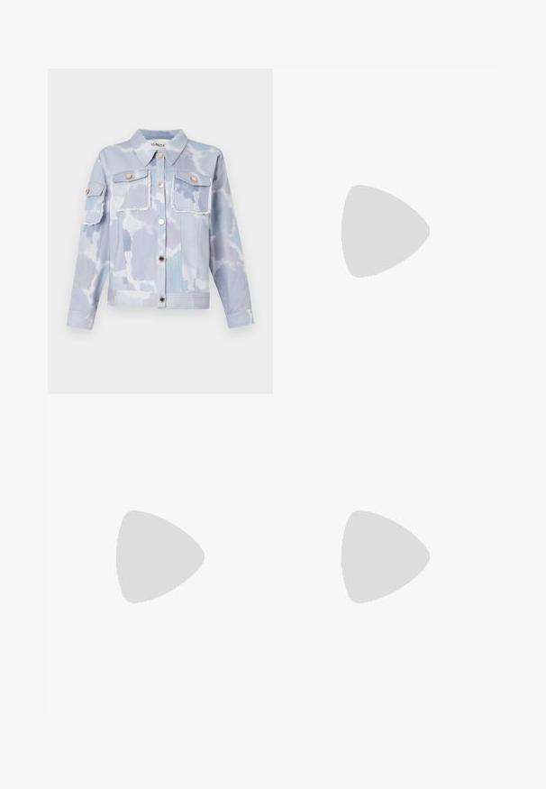 Light blue denim jacket featuring a clouds pattern, two front pockets, gold-tone buttons, and frayed hem details. Long sleeves with buttoned cuffs.; Black long-sleeve turtleneck top made of smooth fabric, featuring a ruffled neck and fitted silhouette with simple edges.; Black tailored pants with a straight-leg design, featuring belt loops and side pockets. Made from smooth fabric with a clean finish.; Black leather ballet flat with a rounded toe, smooth texture, minimal stitching detail, and a flexible sole design.