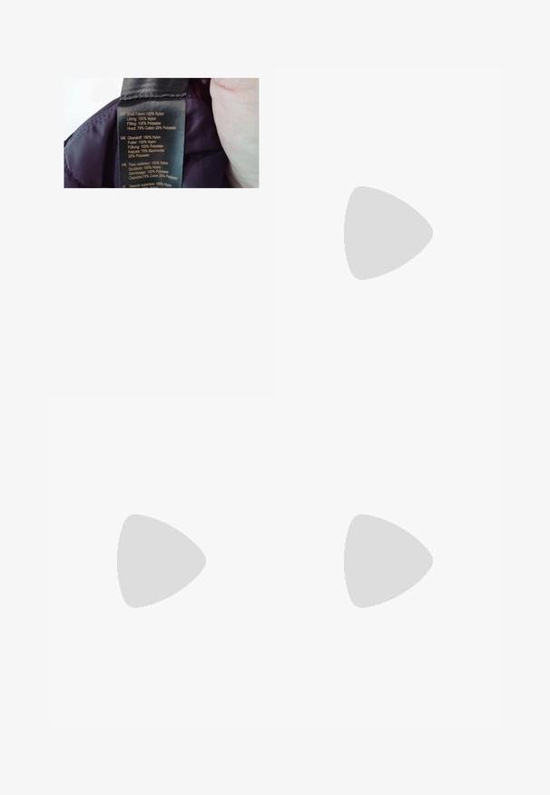 Label on a purple fabric, listing materials: shell 100% nylon, lining 100% nylon, filler 100% polyester, hood 75% cotton, 25% polyester.; Gray short-sleeve T-shirt, made from a soft, lightweight fabric. Straight-cut hem, classic crew neck design, and subtle heather texture.; Blue denim jeans with a straight leg design, featuring a classic five-pocket style, stitching accents, and a slightly faded finish.; Black canvas sneakers with white rubber toe caps and laces. Contrast stitching and metal eyelets add detail. Worn with beige pants and black fabric.