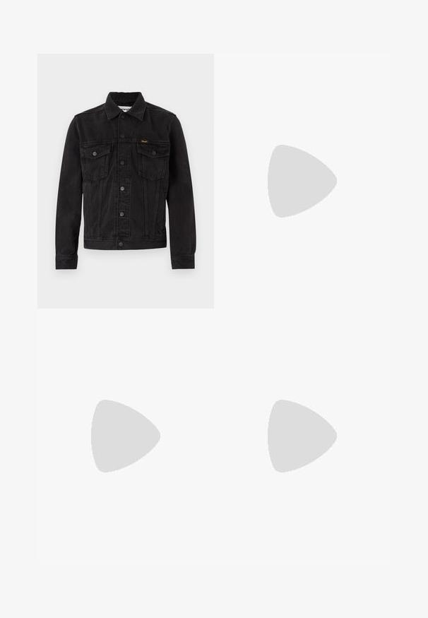 Black denim jacket with a classic design, featuring two chest pockets, a button front, and a slightly textured finish.; Green corduroy shirt with long sleeves, two front pockets, and a patch featuring mountains. Features button closure and textured fabric.; Linen trousers in light beige, featuring an elastic waistband with a drawstring, wide-leg design, and side pockets. Smooth texture.; Sport shoes with a white leather upper, gray suede toe, and three black stripes. Features a blue logo on the tongue and a textured rubber sole.