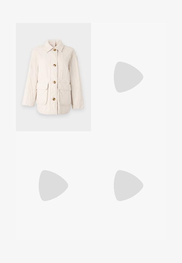 Beige quilted jacket with a collar, front buttons, and two flap pockets. Features a textured surface and a relaxed fit.; Long-sleeve white T-shirt made of ribbed cotton, featuring a round neckline and a straight hem. Simple design with no patterns or accents.; Khaki midi wrap skirt with a tie belt, made of lightweight cotton, featuring a flared silhouette and visible stitching details.; Black leather ballet flat with a rounded toe, smooth texture, minimal stitching detail, and a flexible sole design.