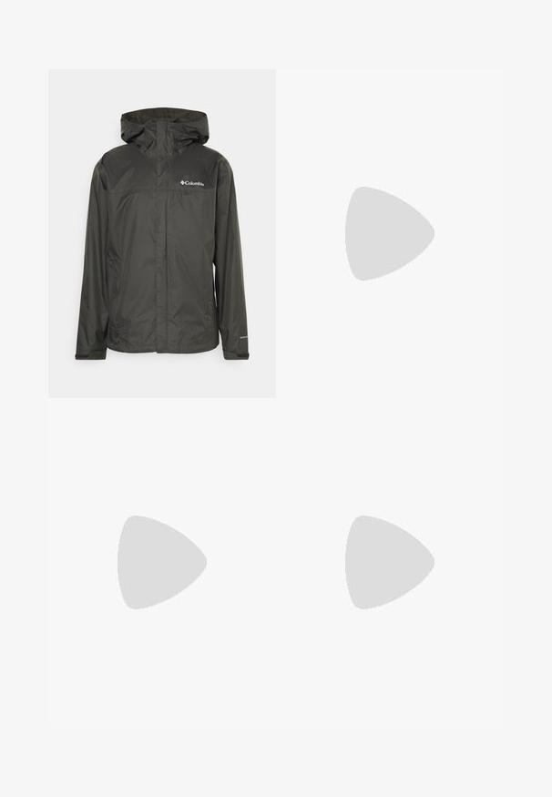 Columbia WATERTIGHT™ II JACKET - Impermeabile - black; T-shirt in cotone beige con maniche corte, collo rotondo e un piccolo logo nero sul lato sinistro del petto. Texture liscia, design casual.; Pantaloni cargo navy in tessuto resistente, dotati di chiusura a bottone, cinque tasche e gambe affusolate con leggera trama.; Scarpe da esterni nere realizzate in mesh e materiale sintetico, con una parte superiore testurizzata, un sistema di allacciatura sicuro e una suola robusta, su terreno roccioso.