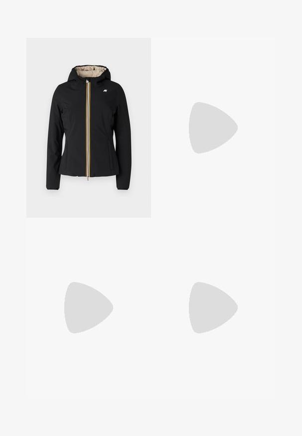K-Way REVERSIBLE WARM DOUBLE - Lengva striukė - black/beige; Balta trumpų rankovių marškinėliai su tamsiai mėlynomis horizontaliomis juostelėmis, su išsiuvinėtu "Tommy Hilfiger" logotipu ant krūtinės. Klasikinio apvalaus kaklo dizainas.; Pleated balta sijonas su juodu elastiniu juosmeniu, ant kurio yra "LACOSTE" logotipas. Vidutinio ilgio dizainas su švelnia tekstūra.; Baltos odinės sportbačiai su storu baltu padu, juodu nubuko kulno akcentu ir iškilmingu logotipu šone. Su raišteliais, turinčiais šešis akinius.