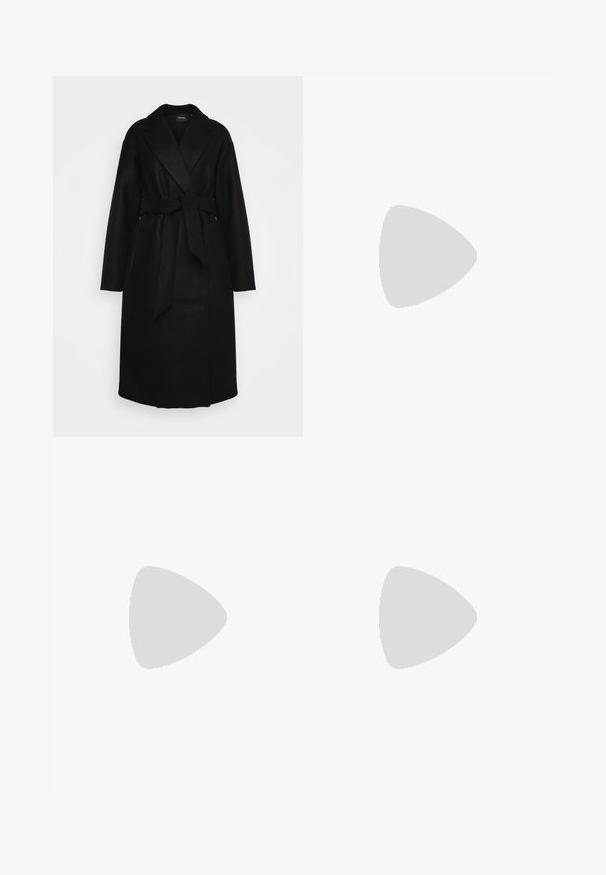 Vero Moda Tall VMFORTUNE LONG - Casaco clássico - black; T-shirts de algodão em preto e branco com mangas curtas. A camiseta preta tem uma gráfica de palmeira; a camiseta branca apresenta um design de sol e onda.; Calças pretas, leves, com um cinto elástico e punhos franzidos. O tecido é suave e apresenta um design relaxado e afunilado.; Ténis pretos com atacadores e sola robusta, apresentando um cabedal em couro liso, bico arredondado e um design de plataforma em camadas distinto.