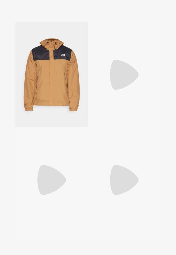 The North Face M ANTORA JACKET - Vízlepergető széldzseki - utility brown/black; Fekete, rövid ujjú póló, könnyű anyagból készült. Bal mellen egy kis fehér logó található, és finom vállrész kiemelések.; Fekete sportnadrág, könnyű anyagból készült, húzózsinóros derékkal, oldalsó zsebekkel és szűkített szárakkal a bokáknál.; Fekete terepfutó cipő, textúrált felső résszel, gumitalppal és megerősített lábujjrészével. Párnázott bokarésszel és húzófüllel rendelkezik a könnyű felhúzáshoz.