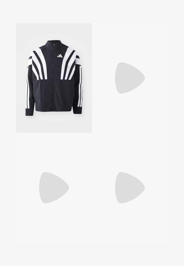Giacca nera con colletto alto, zip completa e audaci strisce diagonali bianche sulle maniche. Realizzata in tessuto leggero con una texture morbida.; T-shirt bianco a maniche corte con dettagli neri ai lati e tre strisce nere sulle spalle. Include un piccolo logo nero sul petto.; Pantaloni sportivi neri realizzati in materiale liscio e leggero. Presentano una vita elastica e strisce laterali bianche con un logo sulla coscia.; Scarpe da ginnastica in bianco e nero con tomaia in suede e materiale sintetico, dotate di tre strisce bianche distintive, suola in gomma e testo dorato "Predator".