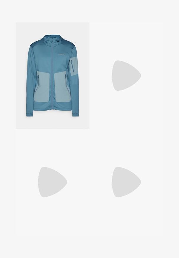 Blauwe jas met een capuchon, gemaakt van een lichtgewicht stof, met ritszakken, contrasterende panelen en een reliëflogo op de borst.; Grijze T-shirt met korte mouwen, gemaakt van zachte, gestructureerde stof, met een klein blauw Patagonia-logo op de linkerkant van de borst. Geen extra patronen.; Donkergrijze broek van duurzaam materiaal, met een ritssluiting zak, rechte snit en lussen voor een verstelbare pasvorm.; Bruine waterdichte sneakers met een gestructureerde bovenkant, geperforeerde accenten, zwarte hielsteun en een grijze rubberen zool. De veters zijn voorzien van metalen uiteinden.