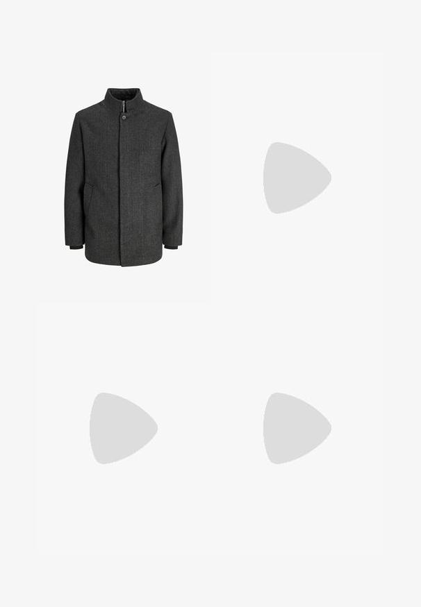 Gray herringbone coat with a high collar, zip and button closure, side pockets, and knit cuffs. Textured fabric with a classic design.; Black cotton t-shirt with a crew neckline, short sleeves, and a relaxed fit. Smooth texture and no visible patterns or accents.; Black trousers made of smooth fabric, featuring a straight-leg design, two front pleats, and standard waistband with belt loops.; Black leather loafer with a smooth finish, featuring a stitched design and a decorative metal chain accent across the vamp. Flat heel.