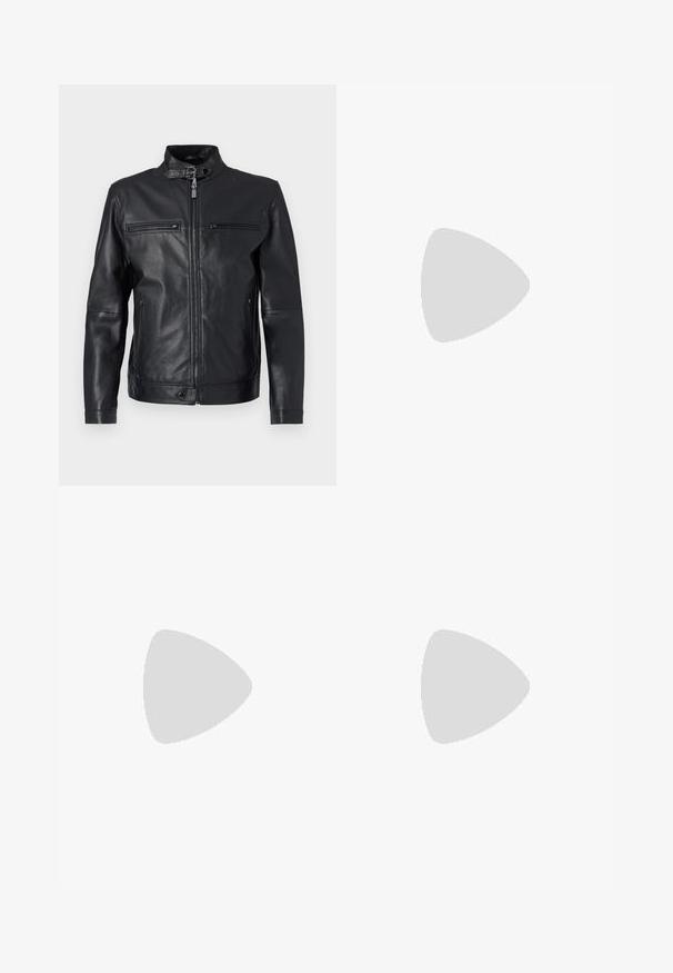 Svart läderjacka med framdragkedja, hög krage och två fickor på bröstet med dragkedja. Har en mjuk textur och en figurnära passform.; Vit långärmad skjorta med knappar, tillverkad av bomull, med en bröstficka med ton-i-ton broderi, krage och knappmanchetter.; Bruna, högmidjade byxor i texturerat tyg. Har vida ben och två framvikningar för struktur. Välavslutad utan synlig hårdvara.; Svarta läderloafers med en slät yta, rund tå och ett dekorativt band över främre delen. Låg staplad klack, minimalistisk design.; Svarta rektangulära solglasögon med mörka linser, tjock plastbåge, guldfinish på skalmarna och varumärkeslogotyp graverad på armen.
