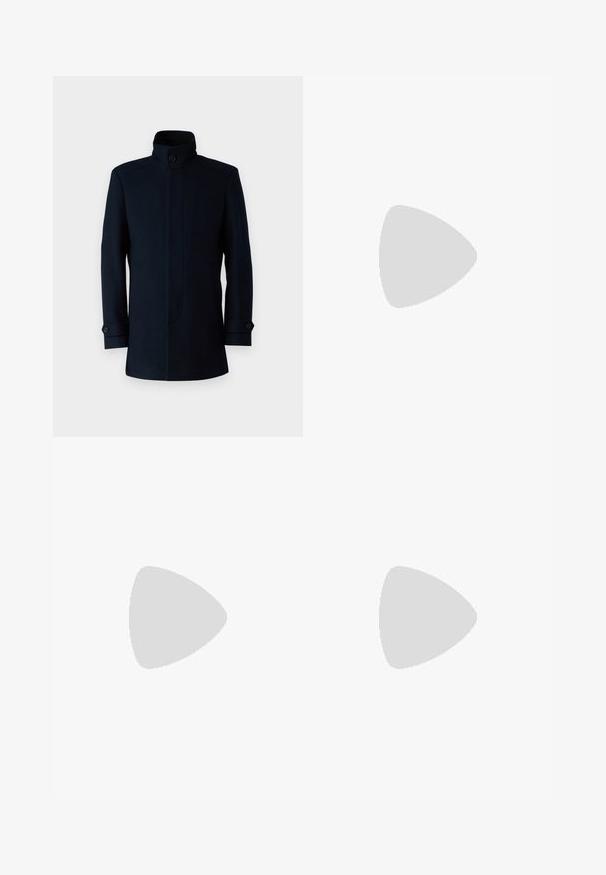 Navy wool coat with a high collar, buttoned cuffs, and two side pockets; sleek design and smooth texture.; Black short-sleeve T-shirt made of textured fabric, featuring a round neckline and a relaxed fit. Simple, no patterns or accents.; Black trousers made from cotton. They have a straight-leg design with a zipper fly and button closure at the waist. Simple and unadorned.; Black leather slip-on shoe with a smooth upper, stitched accents, rounded toe, and a low rubber heel. Sole features minimal tread.