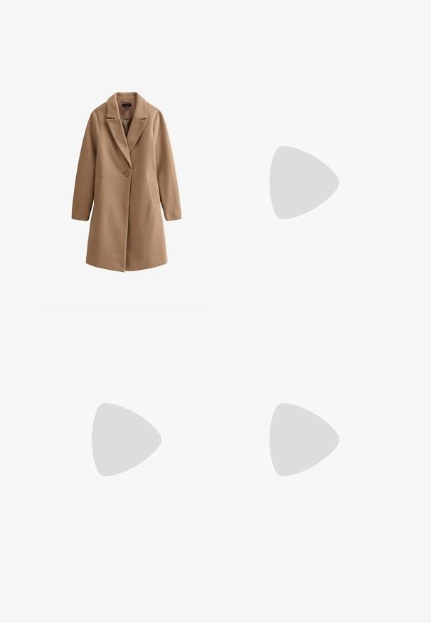 Płaszcz w kolorze camel, wykonany z miękkiego materiału, z kołnierzem typu lapel, pojedynczym zapięciem na guzik i bocznymi kieszeniami. Prosty krój z długimi rękawami.; Biała koszula z długim rękawem, wykonana z gładkiej bawełny, z klasycznym kołnierzykiem i dyskretnym logo na piersi. Posiada zapięcie na guziki z przodu.; Niebieskie dżinsy w fasonie dzwonów z wyblakłym wykończeniem, pięcioma kieszeniami i zapięciem na guzik. Materiał ma fakturę dżinsu z subtelnymi detalami szycia.; Beżowe zamszowe botki za kostkę z okrągłym noskiem, przeszyciami, z pętelką z tyłu i teksturowaną gumową podeszwą. Zaprojektowane z myślą o komforcie i ciepłocie.