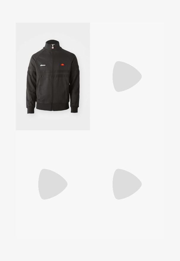 Sort zip-up sportsjakke med høj krave, ribbede manchetter og små ellesse-logoer på brystet og lynlåsen.; Hvid bomulds t-shirt med korte ærmer, prydet med et marineblåt broderet logo på venstre bryst og en farverig accent over logoet.; Sorte sweatpants lavet af blødt stof har en tapered ben-design, elastisk talje, sidelommer med lynlås og et lille logo accenter.; Sort og grøn sneaker med et mønstret mesh-overdel, hvid swoosh-logo, polstret krave og en synlig luftdæmpningsenhed i sålen.