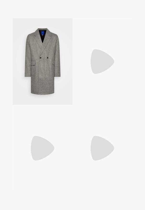 Jack & Jones JORSLOPE COAT - Manteau classique - grey; Débardeur en coton blanc avec un col rond, de larges bretelles et un ourlet droit, présentant une texture lisse et sans motifs visibles.; Jean large en denim noir à taille haute, avec poches avant, fermeture éclair et bouton. Texture lisse et design classique.; Baskets montantes noires avec semelle et lacets blancs, associées à un jean en denim bleu décontracté, reposant sur un garde-corps gris.; Deux foulards à motifs : l'un noir avec des motifs blancs, l'autre marron avec des accents orange. Les deux sont en satin et présentent des extrémités pointues.