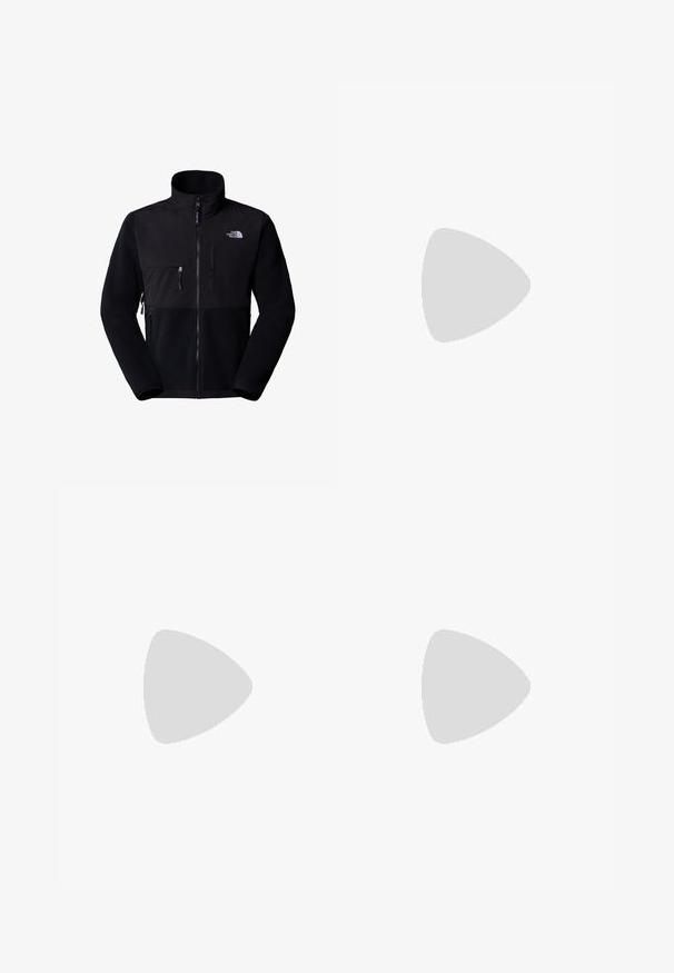 Black fleece jacket with nylon upper, high collar, full zip, left chest pocket, and logo on upper right. Textured fleece at lower half.; Black cotton t-shirt with short sleeves, crew neck, and a small white logo on the left chest. Simple design, smooth texture, and relaxed fit.; Black athletic pants made from lightweight fabric, featuring a drawstring waistband, side pockets, and tapered cuffs at the ankles.; Black outdoor sneaker with a suede upper, textured rubber sole, and sturdy lacing system. Features a reinforced heel and brand logo on the side.
