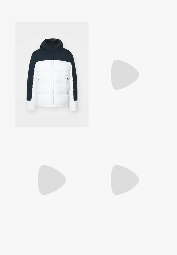 Puffer jacket with a navy top section and white bottom. Features a hood, front zipper, and zippered pockets. Smooth texture, insulated design.; White short-sleeve athletic shirt made of smooth fabric. Features a crew neck and gray logo on the left chest, with side slits at the hem.; Black athletic shorts made of lightweight fabric, featuring an elastic waistband and a white logo on the left side.; Black athletic shoe with a textured upper, gray camo-patterned sole, and flat laces. Features the Under Armour logo on the side.