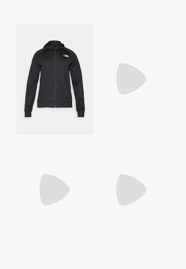 The North Face REAXION HOODED FULL ZIP JACKET - Športna jakna/jopica - black heather; Črna kratko sleeved majica iz bombaža, s krožnim izrezom in majhnim belim logotipom na zgornjem levem delu prsnega koša.; The North Face MOUNTAIN ATHLETICS WIND PANT - Hlače za na prostem - black; The North Face OFFTRAIL VERSA - Pohodniški čevlji - black/white