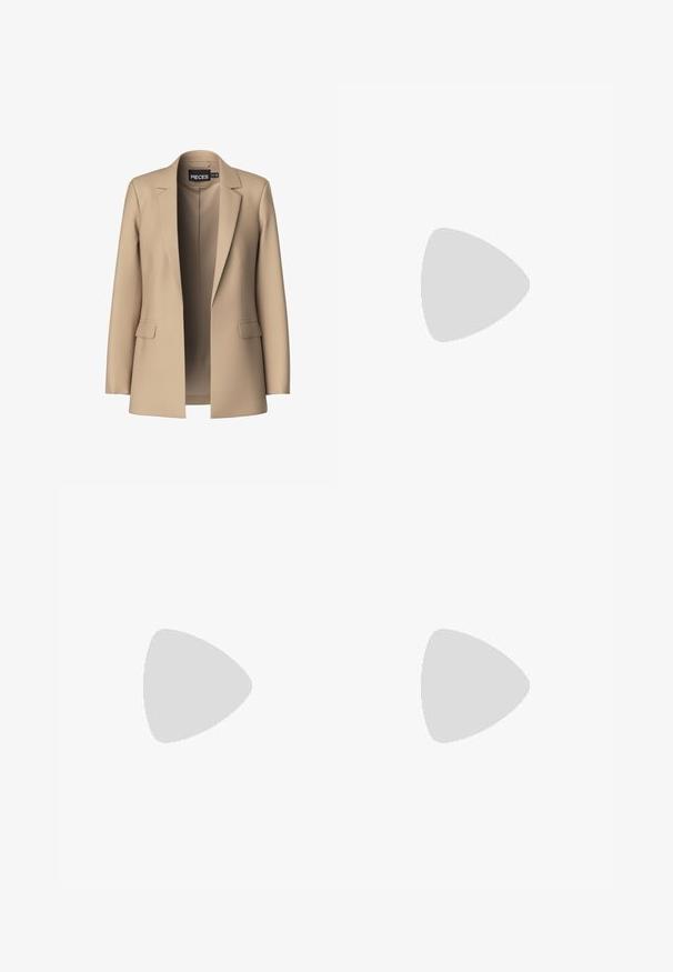 Beige blazer with notched lapels and two front pockets; made of smooth fabric, it has an open front and a tailored fit.; Light pink turtleneck sweater made of soft knit material. Features long sleeves and a ribbed neckline and hem. Classic fitted design.; Black leggings made of stretchy fabric, featuring a seamless waistband and a slim fit design, suitable for casual wear or exercise.; Leopard print heeled sandals with a square toe, multiple straps, and a mid-height heel. Crafted from soft textile material.