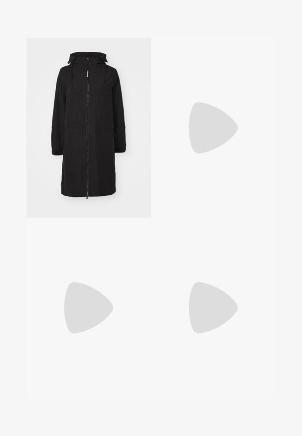 Manteau long noir avec capuche, doté d'une fermeture éclair à l'avant, de plusieurs poches sur le devant et de poignets élastiques. Fabriqué à partir d'un tissu robuste.; T-shirt noir à manches longues en coton avec un col rond. Présente un petit logo blanc sur la partie gauche de la poitrine. Design et coupe simples.; Pantalons noirs ajustés en matériau flexible. Les caractéristiques comprennent une poche latérale zippée, des genoux articulés et une texture lisse.; Baskets de sport beiges et crème avec une tige en mesh texturé, des superpositions de soutien et une semelle en caoutchouc dotée d'un motif de crampons pour une traction.