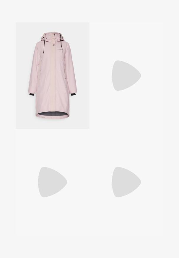 Giacca impermeabile rosa chiaro con un pannello frontale beige a contrasto, polsini neri, cappuccio e cordoncino. Presenta un orlo dritto e tasche laterali.; The North Face SHADOW LONG SLEEVE - Maglietta a manica lunga - white dune; Pantaloni sportivi neri con vestibilità aderente, vita elastica e una tasca laterale con zip. Tessuto liscio e elasticizzato con cuciture minime.; Scarpe da trail running nere con tomaia in rete e suola in gomma. Presentano sovrapposizioni testurizzate, punta rinforzata e logo del marchio sul tallone.