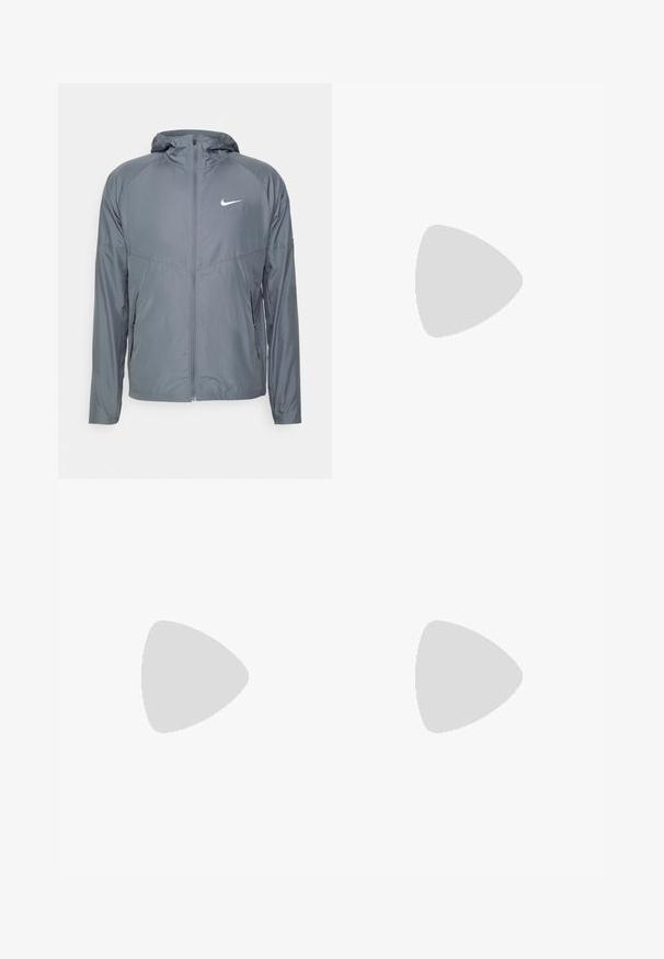 Jachetă Nike gri, dintr-un material ușor, cu fermoar complet, glugă și logo subtil pe piept. Textură netedă, croială ajustată.; Tricou de alergare Nike negru, fabricat dintr-un material ușor și respirabil, cu mâneci scurte și un mic logo alb pe piept.; Pantaloni sportivi negri dintr-o țesătură netedă, cu un elastic la brâu, picioare conice și un mic logo alb pe partea stângă.; Pantof sport negru cu un superior texturat, swoosh alb Nike și o tălpică din cauciuc alb. Dispune de un design cu șireturi și o formă dinamică.
