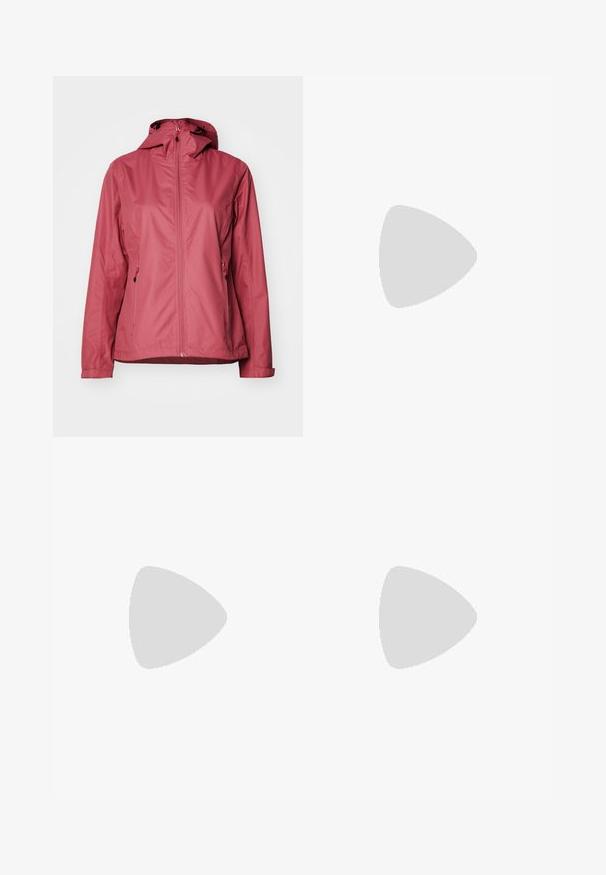 Red waterproof jacket with a zip front, adjustable hood, and two front pockets. Smooth texture and minimalistic design, suitable for outdoor wear.; Black cotton short-sleeve T-shirt featuring a circular multicolored logo on the chest. Straight hem and relaxed fit.; Black shorts made of lightweight, smooth fabric. Features an adjustable belt, side pockets, and a small logo patch on the lower right side.; Lightweight Columbia athletic shoe in white mesh with a textured gray sole and rubber traction. Features a padded collar and lace-up design.