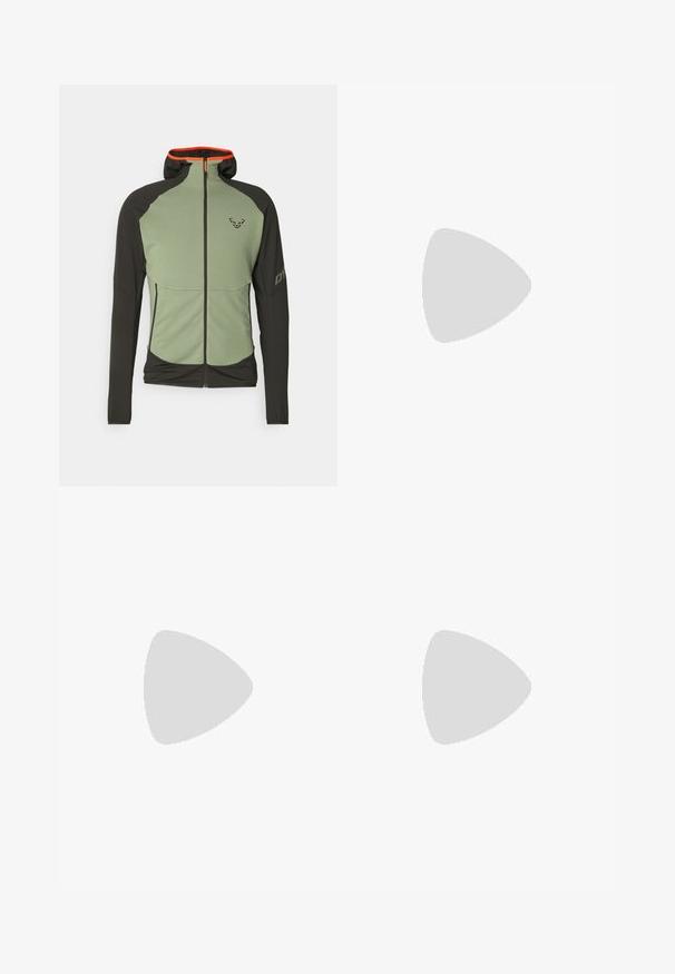 Hooded jacket featuring a light green body with black sleeves, an orange inner lining, and a zipper front. Includes logo detail on the chest.; The North Face EASY - Print T-shirt - white; Black outdoor pants with elastic waistband, gray side panels, and reflective accents. Lightweight, durable fabric designed for active wear.; Black Columbia athletic shoe with a textured surface, padded collar, and rubber outsole featuring a distinct pattern for traction.