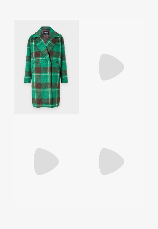 ONLY ONLADELINE LIFE CHECK COAT - Klasični plašč - green/mole/brown rice; Bela brezrokavna majica iz rebraste tkanine, z zaobljenim izrezom in prilegajočim silhueto, z minimalnimi šivi in brez okraskov.; Svetlo modri široki kavbojki iz denima, z visokim pasom, petimi žepi in subtilnim postopnim zbledanjem proti robu.; Rjave usnjene kavbojske čevlje z ostrim nosom in blok peto, ki vsebujejo podrobno šivanje in dvignjene dodatke na zgornjem delu.; Črna usnjena torbica na preklop z zlato kovinsko zaponko. Vključuje črn trak in eleganten, minimalističen dizajn.; Srebrni uhani v obliki obročka s spiralnim dizajnom, ki imajo sijajno površino in zapiralo na zadnji strani. Mere znašajo približno 3 cm v premeru.