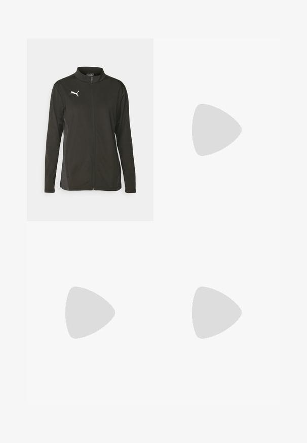 Black zip-up jacket made of smooth, lightweight fabric. Features a high collar, long sleeves, and a white Puma logo on the chest.; Black long-sleeve athletic shirt made of smooth fabric, featuring a round neckline and a small white logo on the left chest.; Black leggings made of smooth, stretchy material with a high waistband. Features a white logo on the left thigh and fitted design.; Black athletic shoes with textured fabric, white sole, and black laces. Worn with white ribbed socks, standing on a light surface.