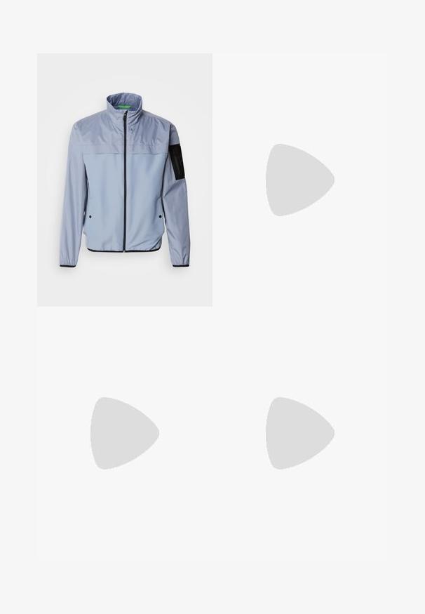 Light blue, long-sleeve jacket with a high collar, zip front, and black accents. Features a pocket on the left sleeve and elastic cuffs.; White cotton T-shirt with short sleeves, featuring a black "BOSS" logo centered on the chest and a round neck design.; Beige cotton trousers with a straight-leg cut, featuring a button closure and pleats at the front for added detail.; White leather sneaker with a textured finish, featuring a black heel cap, round toe, and branded side logo in black. Lightweight rubber sole.