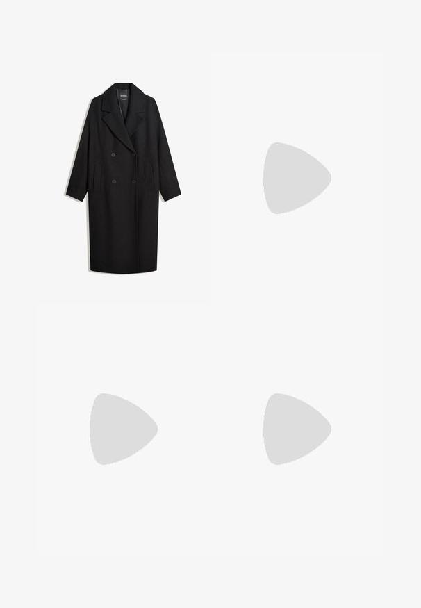 Palton negru din lână, cu un front cu dublă închidere, rever mari, două buzunare frontale și mâneci de lungime trei sferturi. Textură netedă.; Tricou alb cu mânecă scurtă, fabricat din bumbac. Are un guler rotund și un mic logo negru Adidas pe piept. Tiv drept.; Jeans largi de un albastru deschis, fabricate din denim. Au talie înaltă, cinci buzunare și croială dreaptă, cu o decolorare minimă.; Încălțăminte sport cu un superior din piele albă, vârf din suede gri și trei dungi negre. Prezintă un logo albastru pe limbă și o talpă din cauciuc texturat.