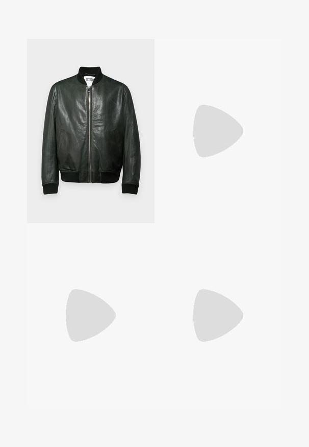 Tumma vihreä nahkabomber takki, jossa on vetoketjusuljenta, ribbaus kauluksessa ja hihoissa sekä sivutaskut. Silkkinen pinta, jossa on minimaalinen yksityiskohtaisuus.; Punainen puuvillapaita, jossa on lyhyet hihat, pyöreä pääntie ja pieni logo vasemmassa rinnassa. Silkkinen rakenne ja normaali istuvuus.; Tummansininen farkkulegginsit, suora lahje, viisi taskua, hienovaraiset haalistumat ja kontrastiväriset ompeleet, metallinen nappi ja vetoketjukiinnitys.; Lacoste-tennar i mörkgrått med nät- och syntetmaterial, med en texturerad sula och bruna accenter på kragen och märket.; BOSS Aurinkolasit - black