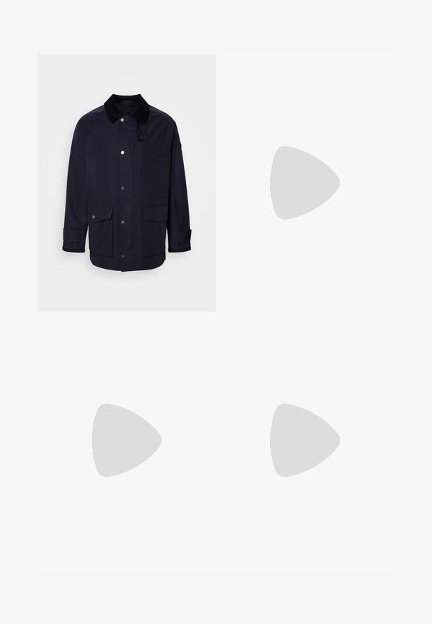 Navy blue jacket with a corduroy collar, front snap closures, and two large patch pockets. Features cuff detailing for a structured fit.; Black cotton t-shirt with a crew neckline, short sleeves, and a relaxed fit. Smooth texture and no visible patterns or accents.; Black trousers made of smooth fabric, featuring a straight-leg design, two front pleats, and standard waistband with belt loops.; Black leather shoes with a rounded toe, lace-up design, and a thick, textured rubber sole. Features stitching along the edge and a smooth finish.