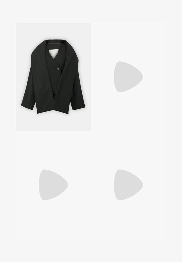 Must mustriga jope, mis on valmistatud tekstuuriga kangast, V-kaeluse, ühe nupuga kinnituse ja laiade varrukatega. Minimalistlik disain, nähtavaid mustreid pole.; Valge puuvillane T-särk lühikeste varrukatega, ümar kaelus, vaba lõige ning ilma nähtavate mustrite või graafikateta. Sile tekstuur ja lihtne disain.; Heledad sinised laia säärega teksad, mis on valmistatud denimist, kõrge vöökoht, nööpidega kinnitamine ja kulunud serv. Nähtavad õmblused ja taskud.; Mustmustest mustad, millel on paks kummitald, külgne lukku, kuldsed silmad ja kontrastne kollane õmblusdetail.