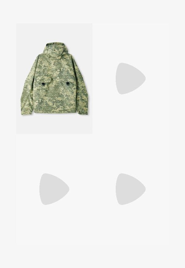 Camouflage jacket in shades of green with a hood, two front pockets, and a textured fabric. Features snap closures and a loose fit.; Three white ribbed tank tops made of cotton. Features a crew neck and small black labels near the hem. Available in multiple sizes.; Gray Nike sweatpants with a drawstring waistband, tapered legs, side pockets, and distinct seam detailing. Soft, textured fabric.; Gray athletic shoe featuring a mesh and suede upper, white accents, a cushioned sole, and a distinctive design with reflective elements.