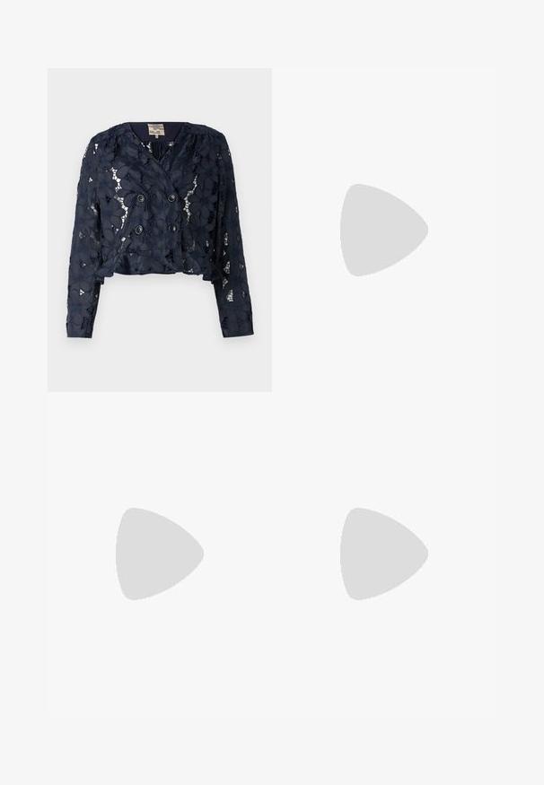 Navy blue cropped jacket made of lace with floral patterns, featuring a double-breasted front and two buttons. Textured, semi-sheer fabric.; White short-sleeve t-shirt made of ribbed fabric. Round neckline, regular fit, and subtle stitching details. No patterns or graphics.; Knit white midi skirt featuring a textured pattern with vertical lines and cut-out details near the hem. Elastic waistband. Soft material.; Black leather ballet flat with a rounded toe, smooth texture, minimal stitching detail, and a flexible sole design.