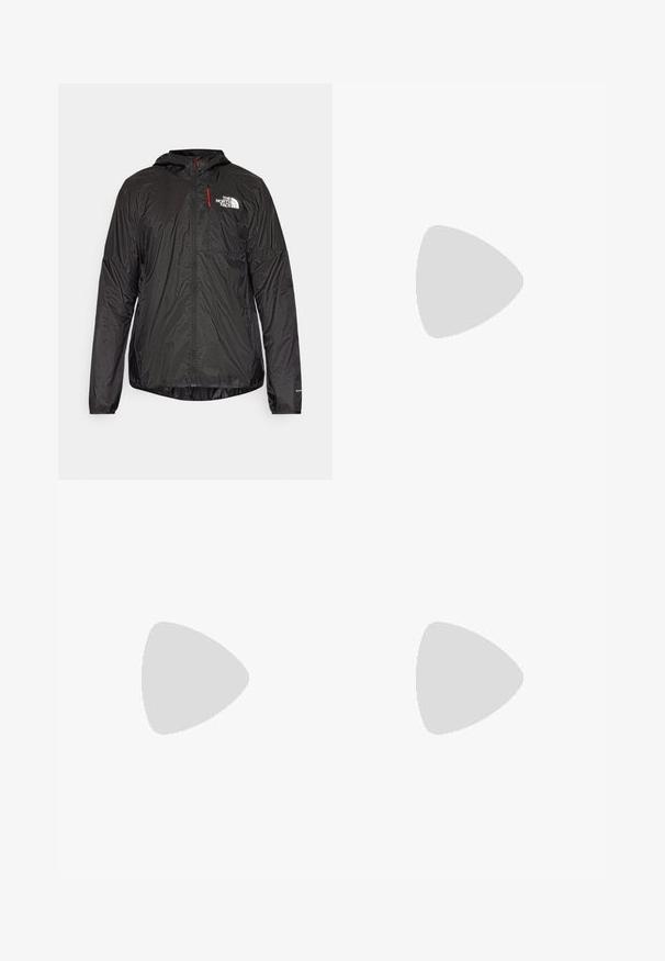 Sort letvægtsjakke med hætte, der har en frontlynlås, en lille brystlomme med rød lynlås og et hvidt logo på venstre bryst.; Sort kortærmet t-shirt lavet af blødt stof, med en rund halsudskæring og hvid "TERREX" logo på brystet.; Sorte sportsbukser med elastisk liv, lige ben og en lille hvid logo detalje på venstre side. Fremstillet af letvægtsstof.; Hvide løbesko med klare orange accenter og "TERREX" branding. Har en tekstureret mesh-overdel og en polstret sål med skridfast gummi.
