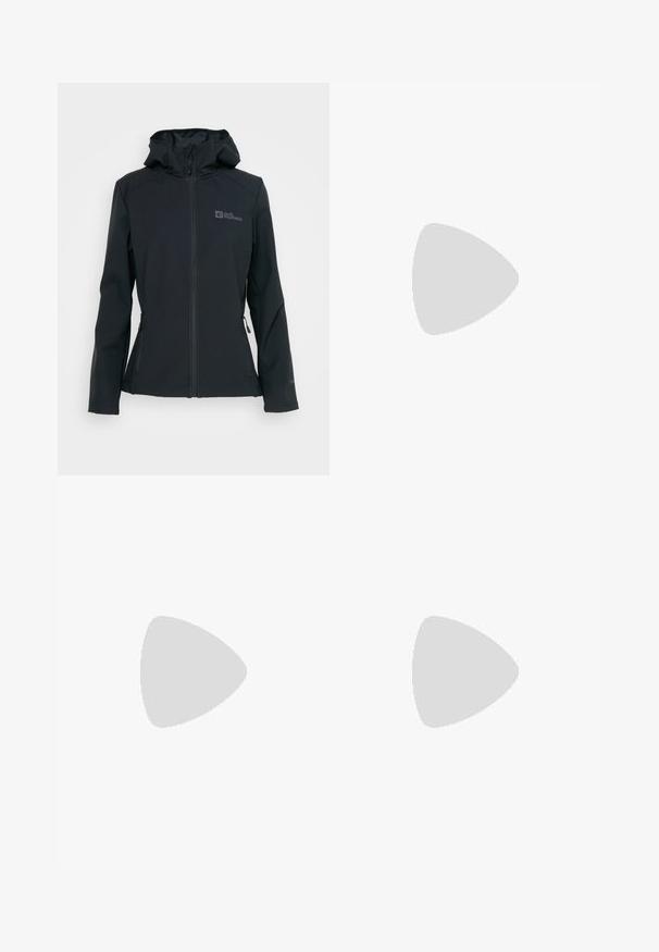 Black softshell jacket with a zip front, adjustable hood, and two zippered pockets. Features a logo on the chest and textured fabric.; Grey short-sleeve t-shirt made of soft, moisture-wicking fabric. Features a crew neck and a small white logo on the upper left.; Black, fitted pants made from a flexible material. Features include a zippered side pocket, articulated knees, and a smooth texture.; Black hiking boot with a mid-top design, featuring a textured upper, gray accents, and durable rubber sole with traction lugs.