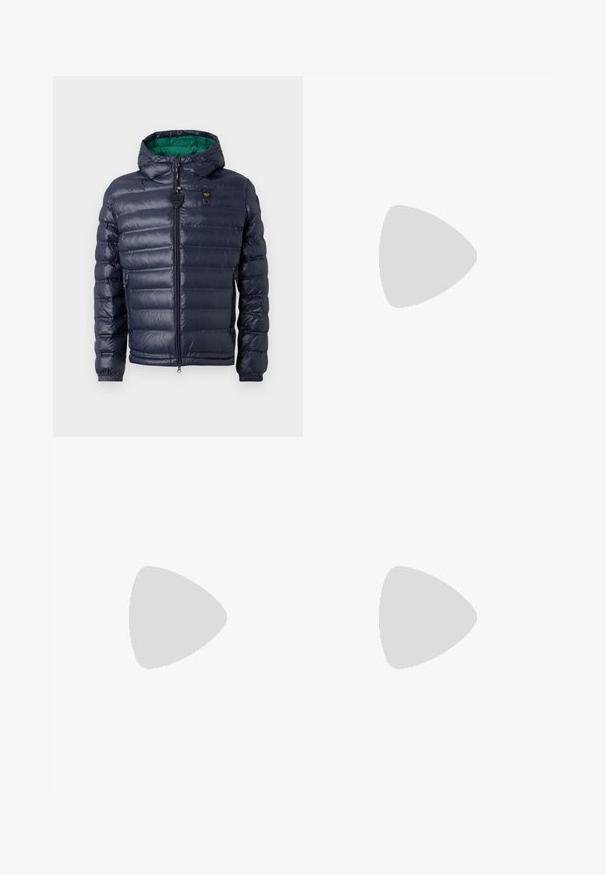 Navy puffer jacket with a hood, stitched design, green interior, zip closure, and side pockets. Features a branded tag on the chest.; Long-sleeved white cotton shirt with a round neckline, side slits at the bottom, and a smooth texture, displayed from the back.; Light blue denim jeans with a straight-leg design, five pockets, button closure, minimal fading, and contrasting stitching details.; White sneaker with a smooth leather upper and a low profile. Features a rounded toe, six eyelets, and a textured rubber sole.