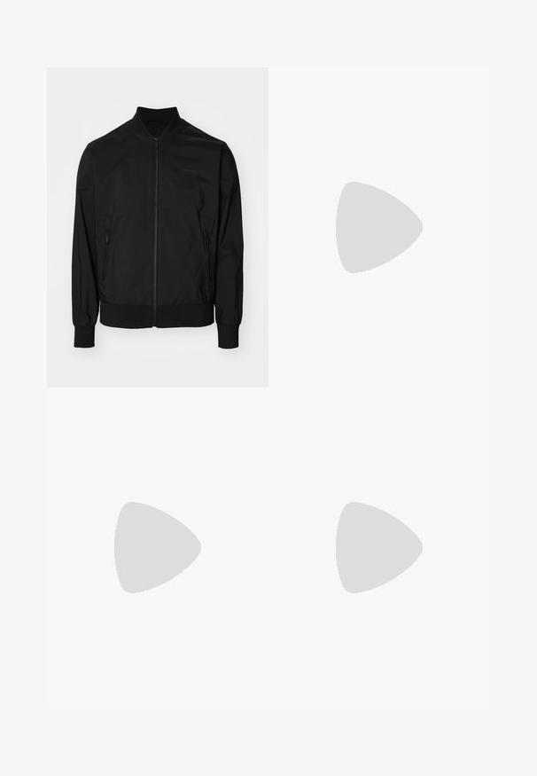 Calvin Klein MATTE JACKET - Bomber Jacket - black; White cotton t-shirt with short sleeves, crew neck, featuring a black CK logo on the left chest area, standard fit, smooth texture.; Beige cotton trousers with a straight-leg cut, featuring a button closure and pleats at the front for added detail.; White sneakers with smooth material, lace-up design, textured rubber sole, and a teal accent at the heel, paired with light blue jeans.