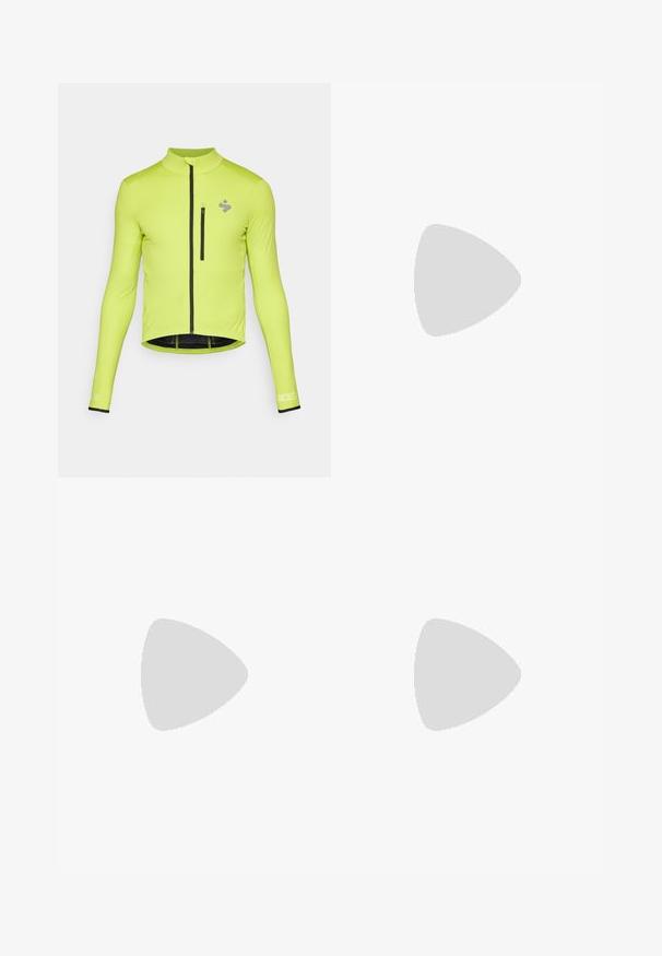 Long-sleeve cycling jacket in bright lime green, featuring a front zipper, a small chest pocket, and black accents on cuffs and hem.; Black athletic t-shirt with short sleeves, round neck, made of smooth fabric. Features a small white Nike logo on the upper left.; Black athletic pants with an elastic waistband, tapered legs, and a small white Nike logo on the left thigh. Smooth fabric, no patterns.; Black running shoe with a textured mesh upper, white midsole, prominent logo on the heel, and curved sole for cushioning.