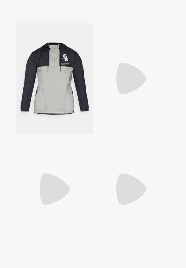 Lightweight hooded jacket featuring a color-block design in black and gray, with a front logo and two side pockets. Smooth texture, adjustable hood.; White polo shirt made of breathable fabric with a collar, featuring short sleeves and a black Adidas logo on the left chest.; Black lightweight softshell pants with an elastic waistband, adjustable cuffs, and a subtle logo detail on the lower leg.; White running shoe with black stripes, neon green accents, and a red heel. Features a lightweight design and textured sole for grip.