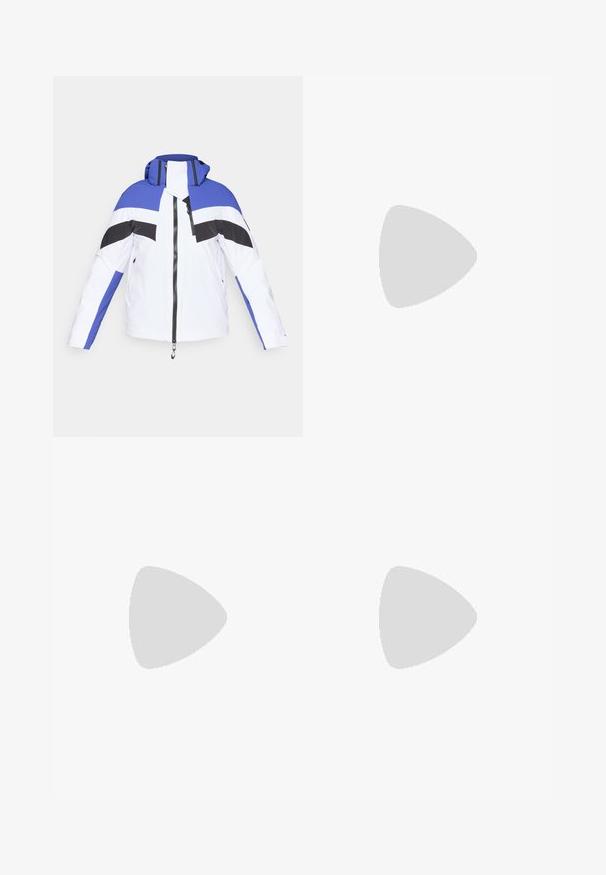 Spalvinga žiemos striukė su balta baze ir mėlynomis bei juodomis geometrinėmis raštomis, su užtrauktuku ir gobtuvu. Lygus, patvarus medžiaga.; Balta trumpa rankovėmis sportinė marškinėliai, pagaminti iš lygaus audinio. Yra apvalus kaklas ir pilkas logotipas kairėje krūtinės pusėje, o apatinėje dalyje yra šoninės plyšiai.; Šviesiai pilkos kelnes su tiesiu kirpimu, mygtuko uždarymu, priekinėmis kišenėmis ir lygia, tekstūruota medžiaga. Minimalistinis dizainas, be raštų.; Balti sportiniai bateliai su lygiu sintetinės medžiagos paviršiumi, mėlynais akcentais, tekstūruotu tamsiai mėlynu kulnu ir lengvu, adatiniu padu geresniam sukibimui.